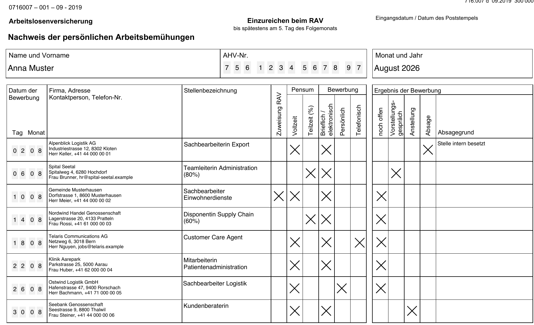Formular 716.007 «Nachweis der persönlichen Arbeitsbemühungen», automatisch mit den Bewerbungen eines Monats ausgefüllt